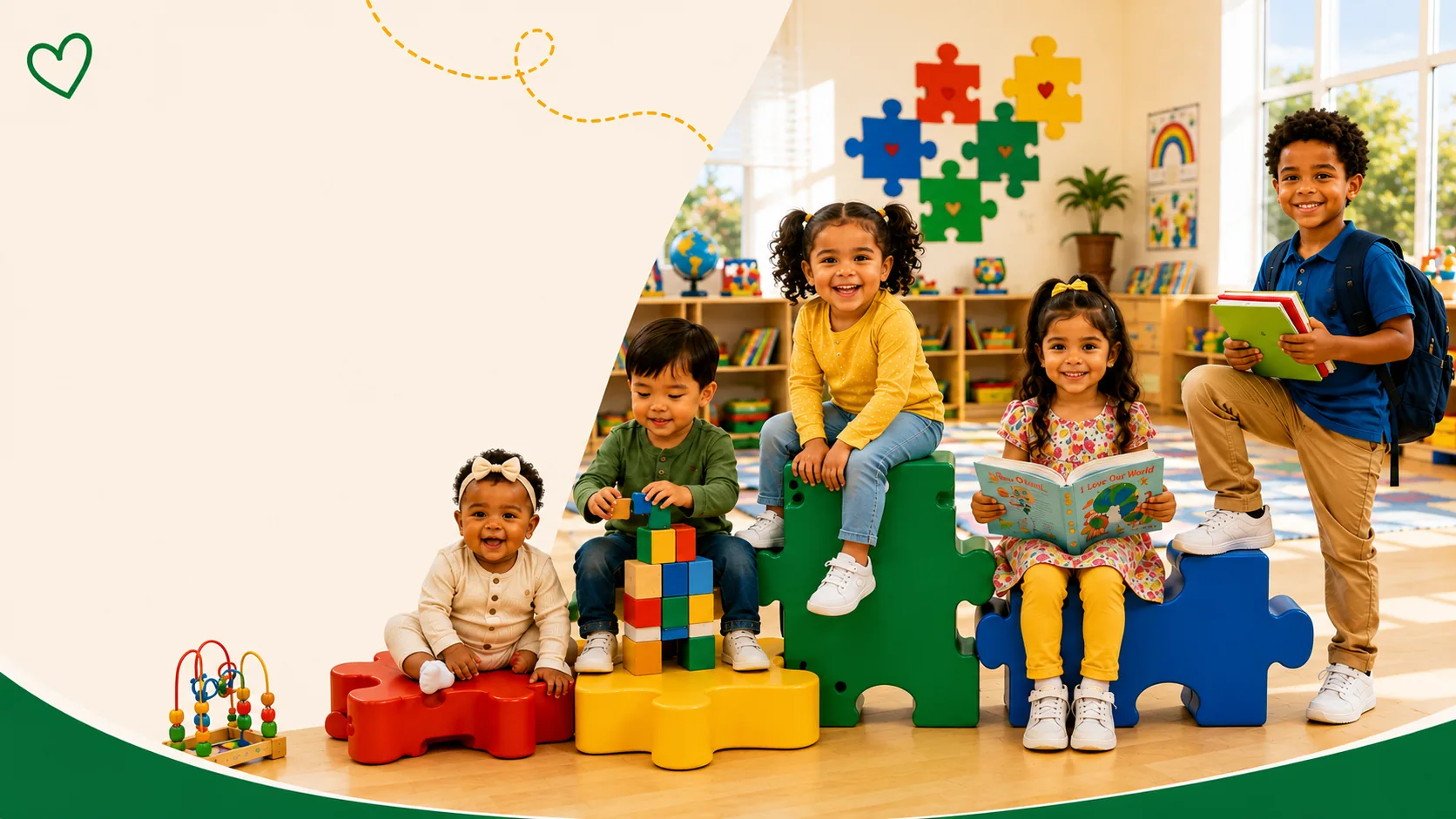 Children of every age playing on colorful puzzle-piece seats in a bright Mandy's Learning Academy classroom