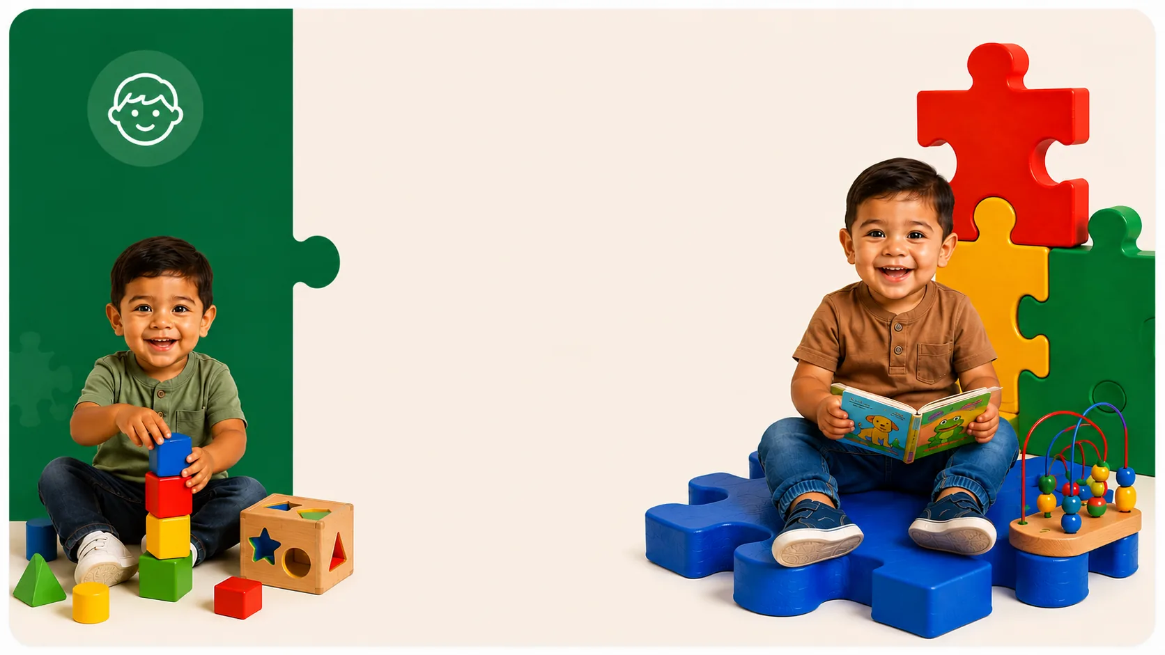 Smiling toddlers stacking blocks and reading on colorful foam puzzle pieces at Mandy's Learning Academy