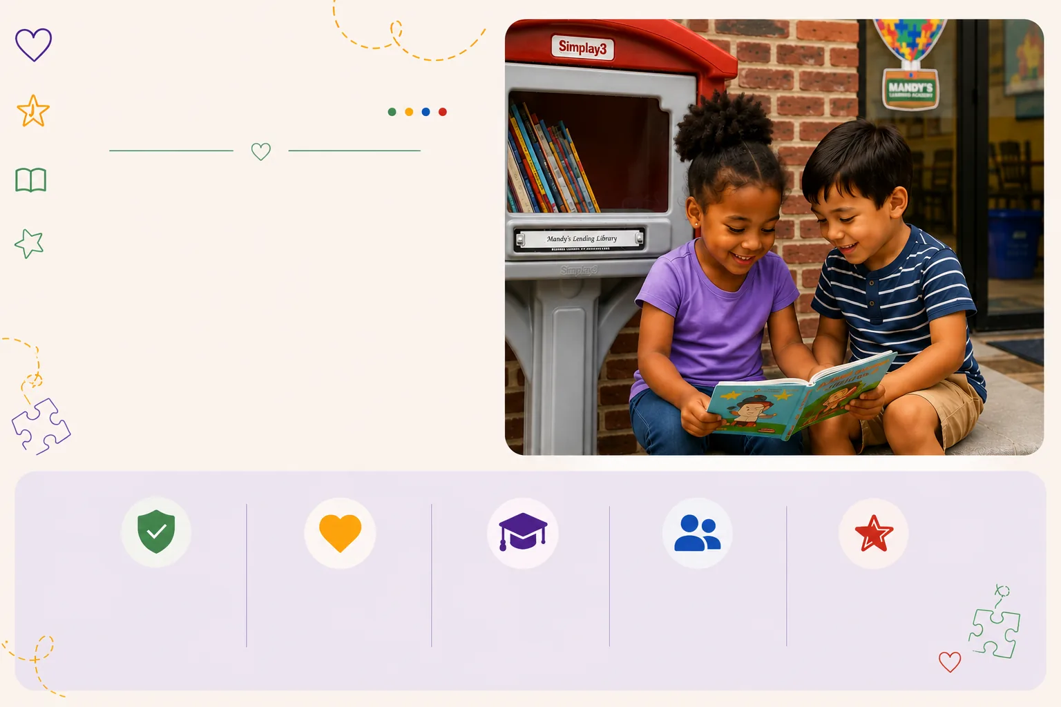 Two children reading a picture book together outside the Mandy's Lending Library at Mandy's Learning Academy in Mount Airy, Philadelphia