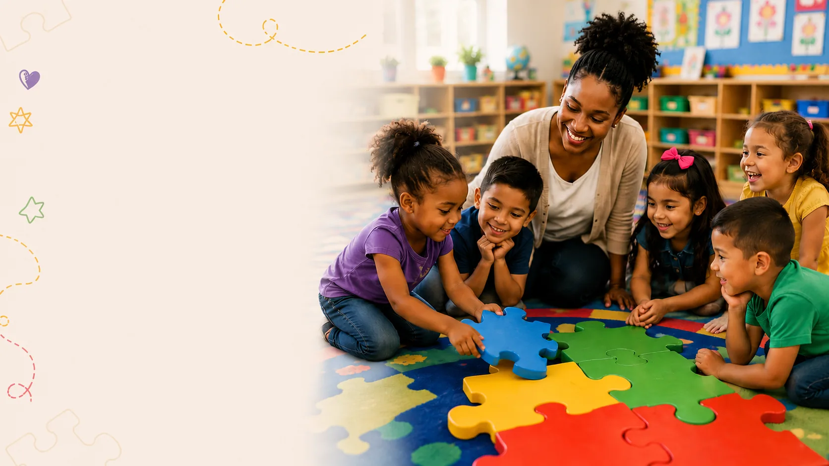 Teacher and children fitting together colorful floor puzzle pieces at Mandy's Learning Academy in Mount Airy, Philadelphia