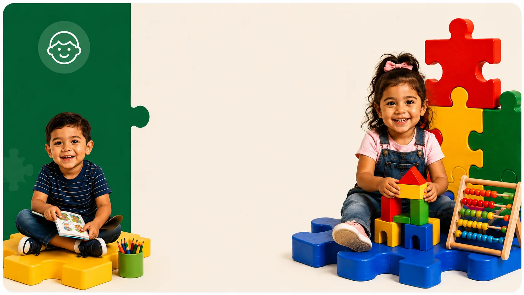 Smiling preschoolers reading and building with blocks on colorful foam puzzle pieces at Mandy's Learning Academy