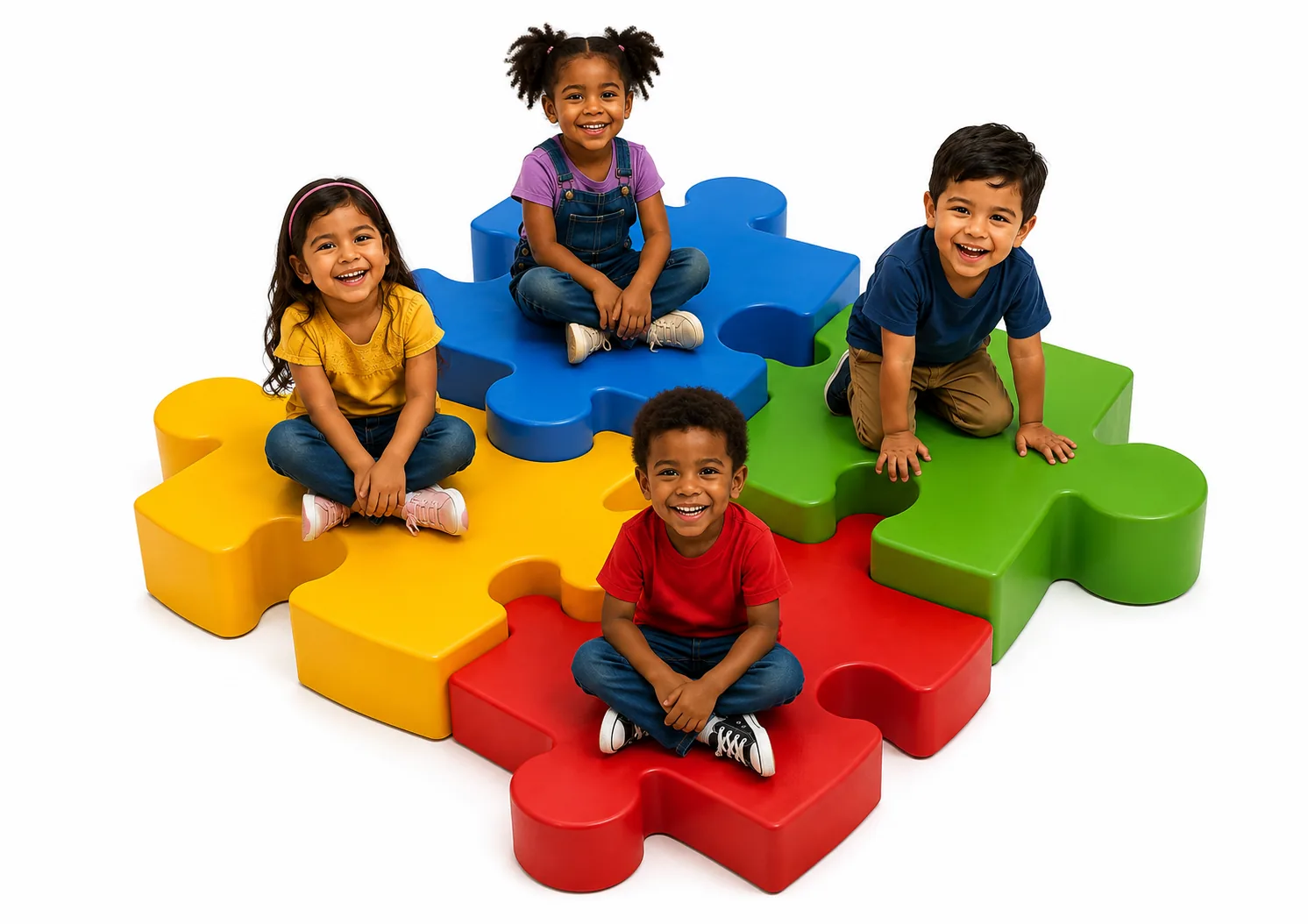 Four happy children sitting on large colorful interlocking puzzle pieces
